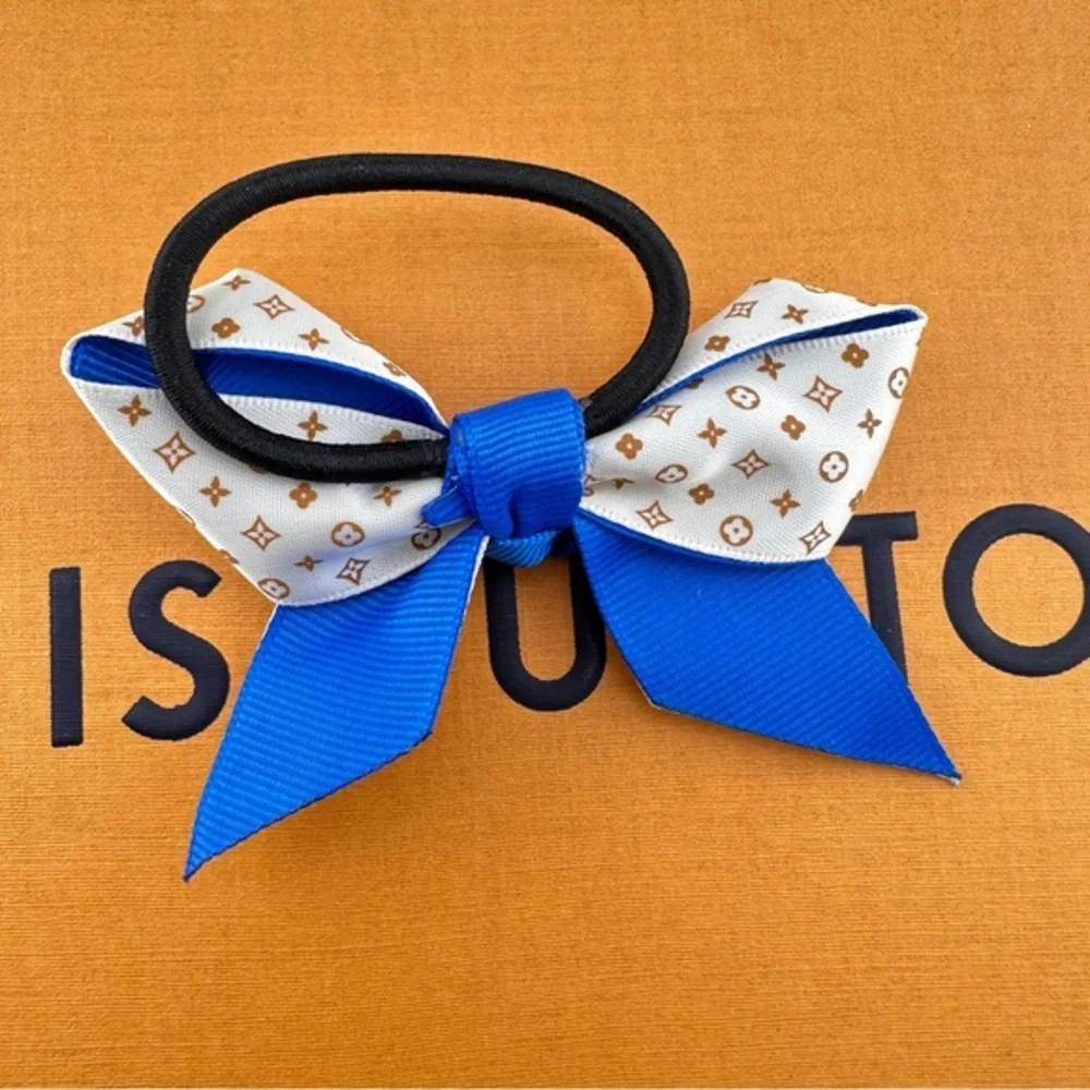 Upcycled hair tie. New. Blue and white.
